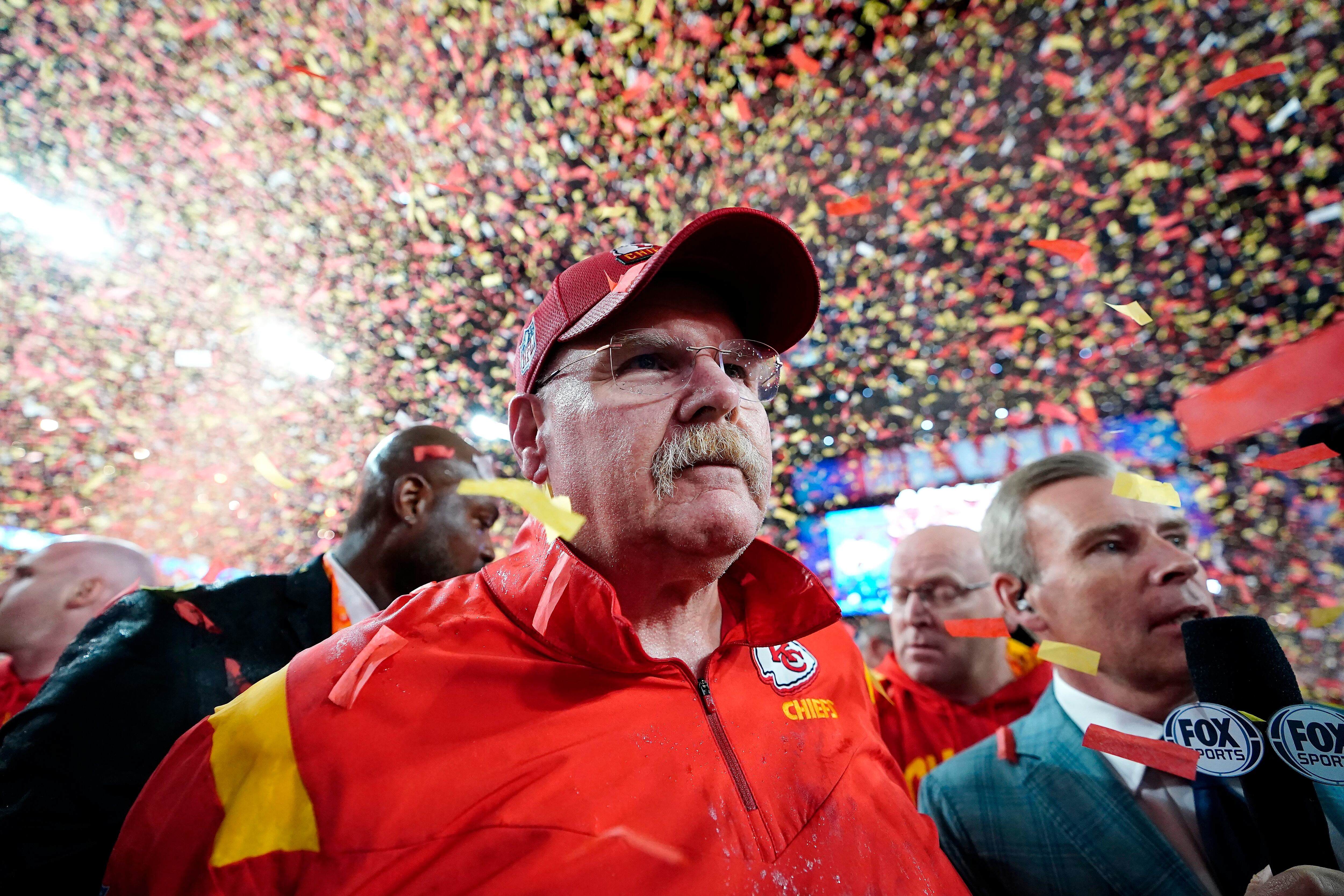 Kansas City Chiefs head coach Andy Reid is interviewed after the NFL Super Bowl 57 football game against the Philadelphia Eagles, Sunday, Feb. 12, 2023, in Glendale, Ariz. The Kansas City Chiefs defeated the Philadelphia Eagles 38-35. (AP Photo/Brynn Anderson)
