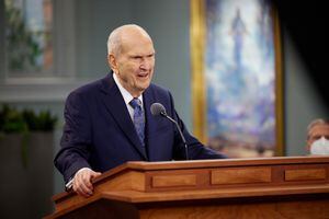 (The Church of Jesus Christ of Latter-day Saints)
President Russell. M. Nelson speaks from a studio on Temple Square to Latter-day Saints throughout Europe. The devotional aired on Sunday, Jan. 23, 2022.