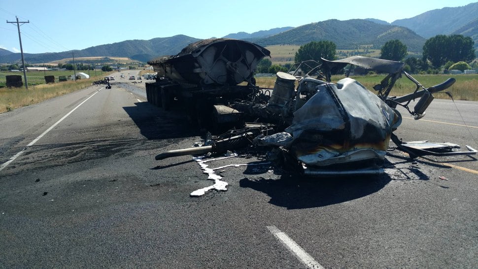 | Courtesy Utah Highway Patrol A pick up truck that that was fleeing from a Highway Patrol trooper on SR 89-91 crossed the median and collided head on with a semi truck. The driver of the pick up truck was pronounced dead at the scene. The driver of the semi truck suffered serious injuries.