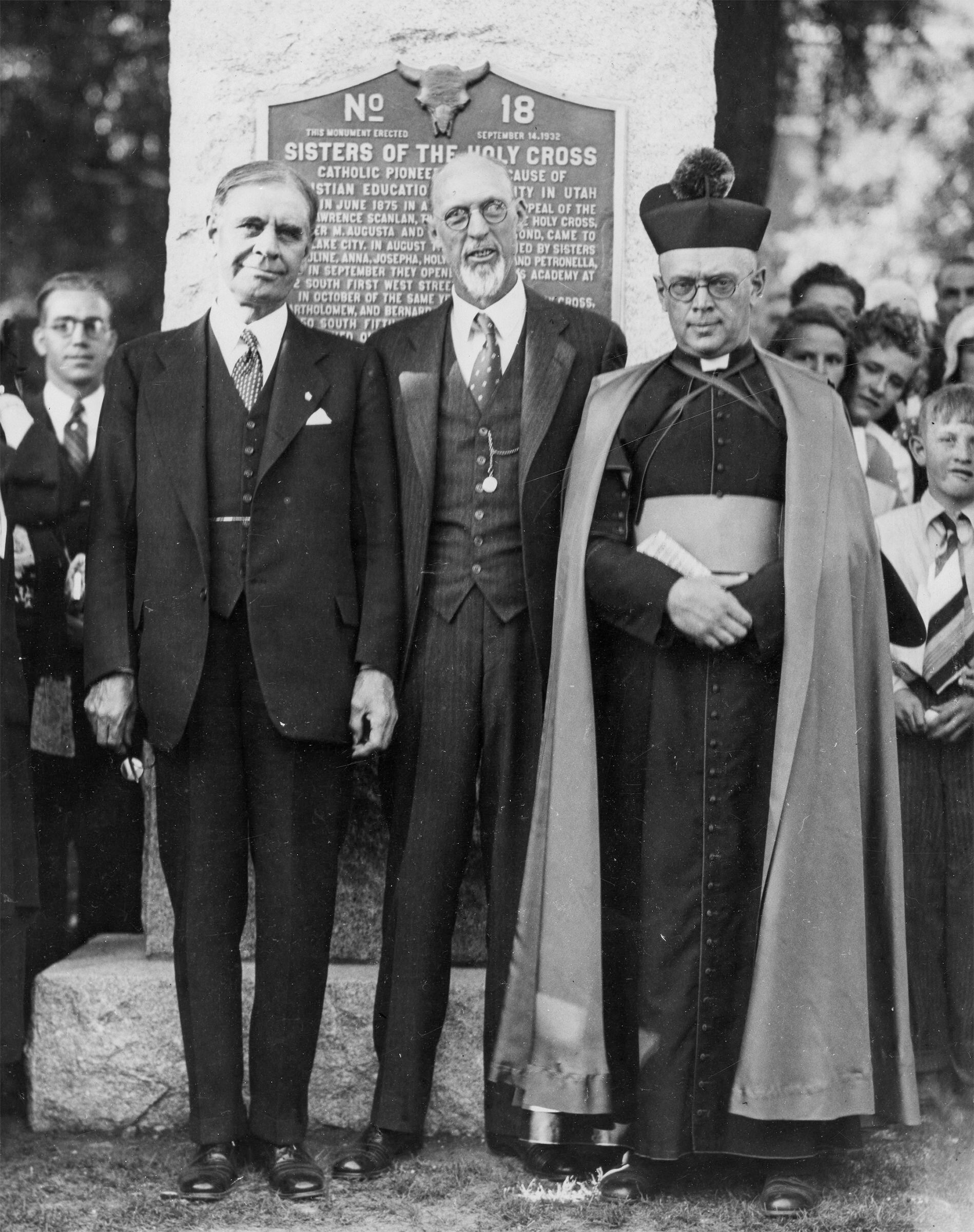 (Via the University of Utah) From left: Utah Gov. George Dern; Latter-day Saint apostle and future President George Albert Smith; and Monsignor Duane Hunt, who would become the Salt Lake City Diocese bishop in 1937, come together in September 1932 to unveil a monument honoring the Sisters of the Holy Cross for their contributions in education, health and social welfare.
