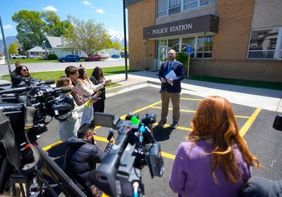 (Bethany Baker  |  The Salt Lake Tribune) Nebo School District spokesperson Seth Sorensen speaks during a news conference at the Payson Police Department to address recent hoax bomb threats targeting Mt. Nebo Middle School in Payson on Wednesday, May 1, 2024.