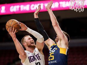 (Trent Nelson  |  The Salt Lake Tribune) Ignite center Erik Mika is defended by Micah Potter as the Salt Lake City Stars host G League Ignite in NBA G League basketball at the Maverik Center in West Valley City on Monday, Nov. 28, 2022.