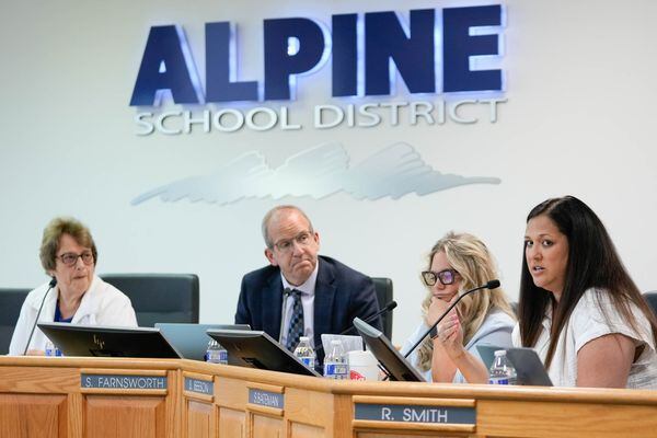 (Francisco Kjolseth | The Salt Lake Tribune) Members of the Alpine School District board Sara Hacken, Superintendent Shane Farnsworth, Sarah Beeson and Stacey Bateman, from left, on Friday, June 30, 2023. A proposal to split Utah’s largest school district into two smaller districts could head to ballots this November.