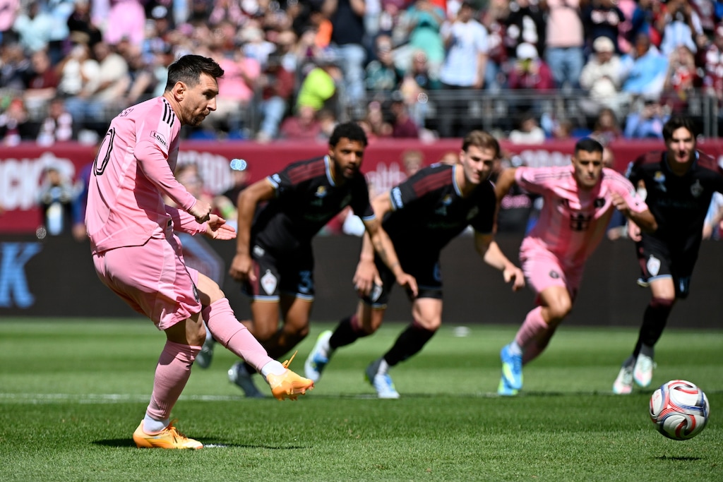 (Geneva Heffernan | AP) Inter Miami forward Lionel Messi, left, scores on a penalty kick last weekend in Denver.