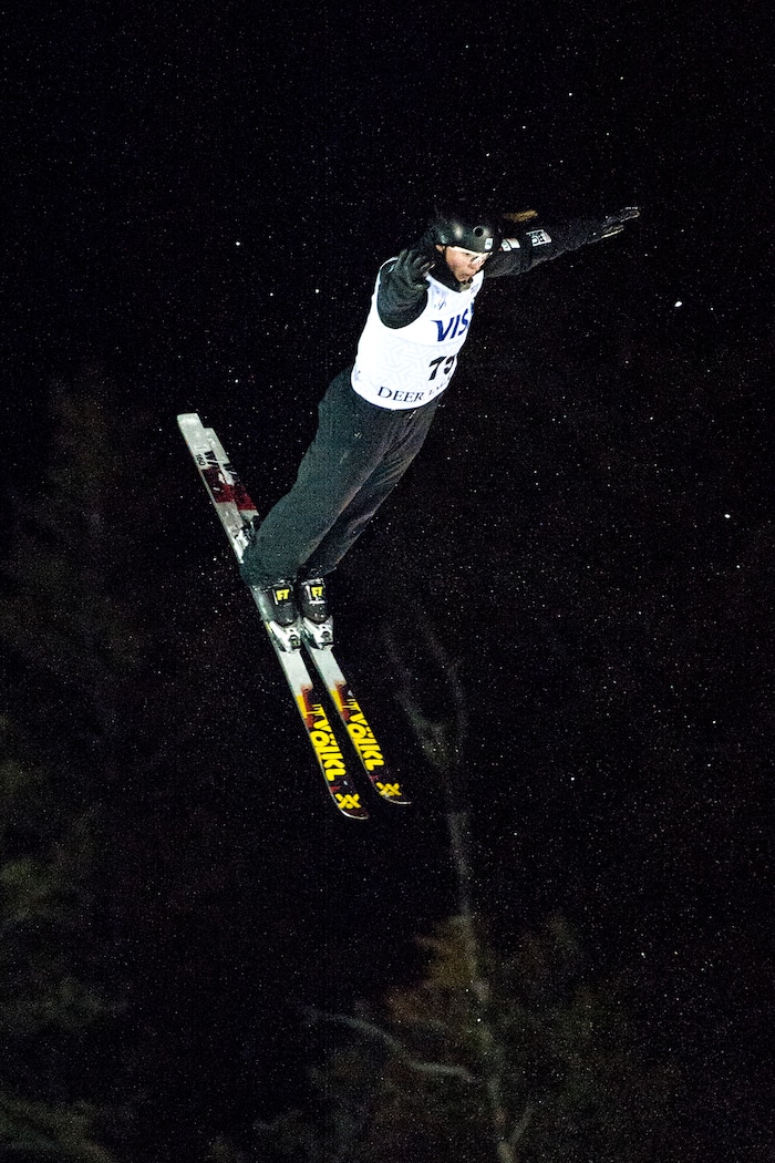 (Chris Detrick | The Salt Lake Tribune) USA's Madison Olsen (15) competes in the Ladies' Aerial Finals during the FIS Visa Freestyle International Ski World Cup at Deer Valley Resort Friday, January 12, 2018. Olsen finished in fourth place with a score of 81.78.
