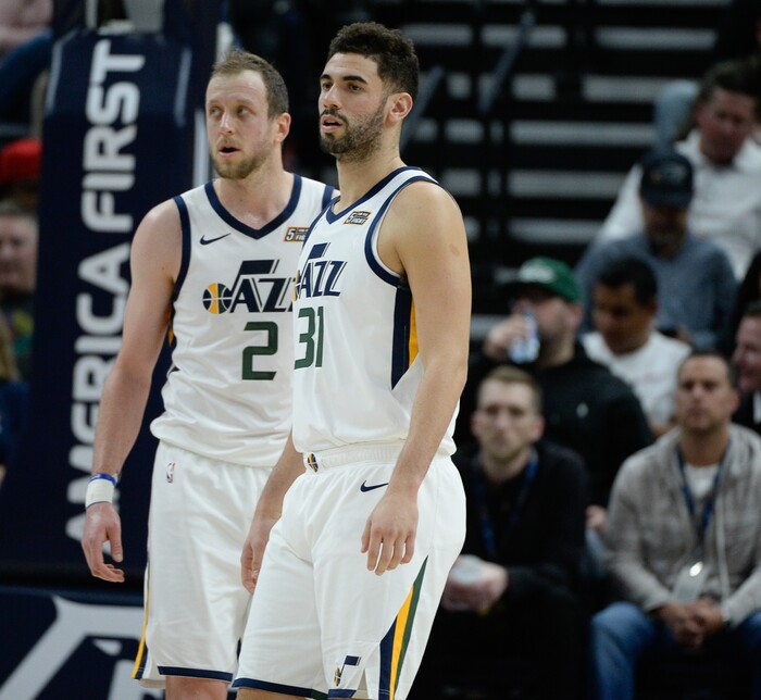 (Francisco Kjolseth  |  The Salt Lake Tribune)  Utah Jazz forward Joe Ingles (2) and Utah Jazz forward Georges Niang (31) as the Utah Jazz host the Oklahoma City Thunder in their NBA basketball game at Vivint Smart Home Arena in Salt Lake City on Mon. Dec. 9, 2019.
