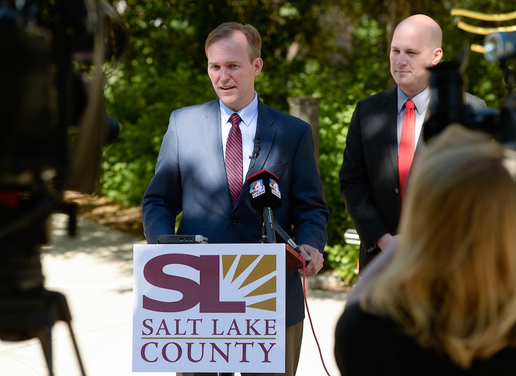 (Francisco Kjolseth | The Salt Lake Tribune) Salt Lake County Mayor Ben McAdams holds a news conference at the Salt Lake County Government Complex on Friday, June 15, 2018, to announce a full veto of the Olympia Hills development project in Herriman. McAdams was joined by Herriman Mayor David Watts, right, who did not have a statement but took questions from the media.