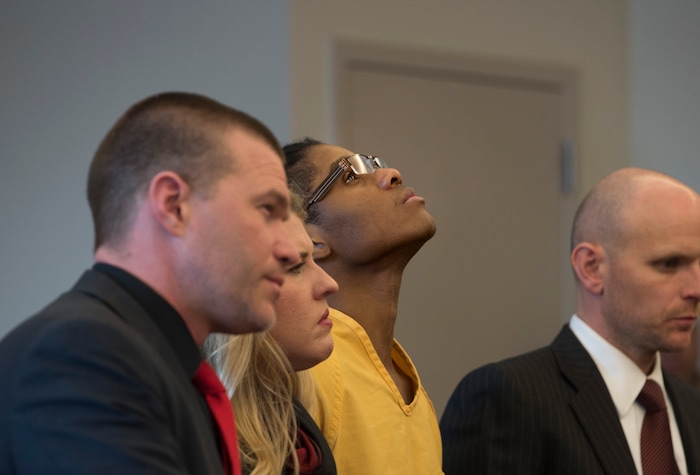 Scott Sommerdorf | The Salt Lake TribuneGerald Grant looks up as 3rd District Judge Vernice Trease reads aloud his sentence of from 6 to 30 years, Thursday, March 8, 2018. Grant was sentenced for shooting and killing two men and a teenage boy inside an SUV in South Salt Lake nearly two years ago. 