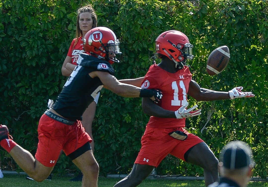 (Francisco Kjolseth  |  The Salt Lake Tribune)  Wide receiver Terrell Perriman, #11, tries to pull in a pass as the Utah football team takes to the practice field for day one of the season on Wed. Aug. 1, 2018.