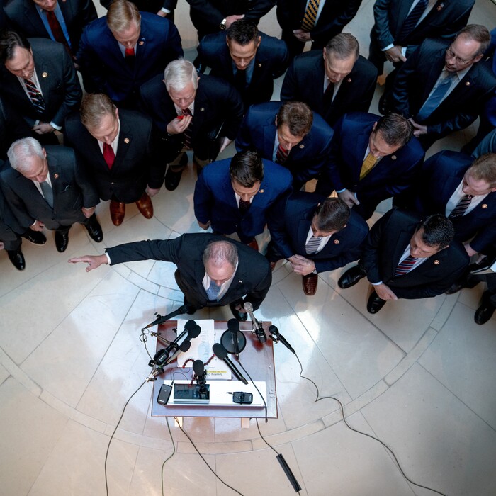 (Erin Schaff | The New York Times)
Rep. Steve Scalise (R-La.), joined by other House Republicans, speaks during a news conference outside the room where impeachment investigation interviews are under way, on Capitol Hill in Washington, Oct. 23, 2019. "Republican populists need something more than individual proposals and ad hoc partnerships," writes The New York Times columnist Ross Douthat. "They need to present themselves as a faction, a small alliance within the larger GOP, a caucus with a collective identity for the purposes of proposing policies and negotiating deals."