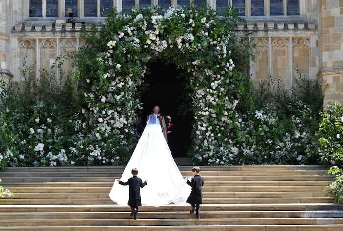 Meghan Markle and her bridal party arrive for the the wedding ceremony of Prince Harry and Meghan Markle at St. George's Chapel in Windsor Castle in Windsor, near London, England, Saturday, May 19, 2018. (Ben Birchhall/pool photo via AP)