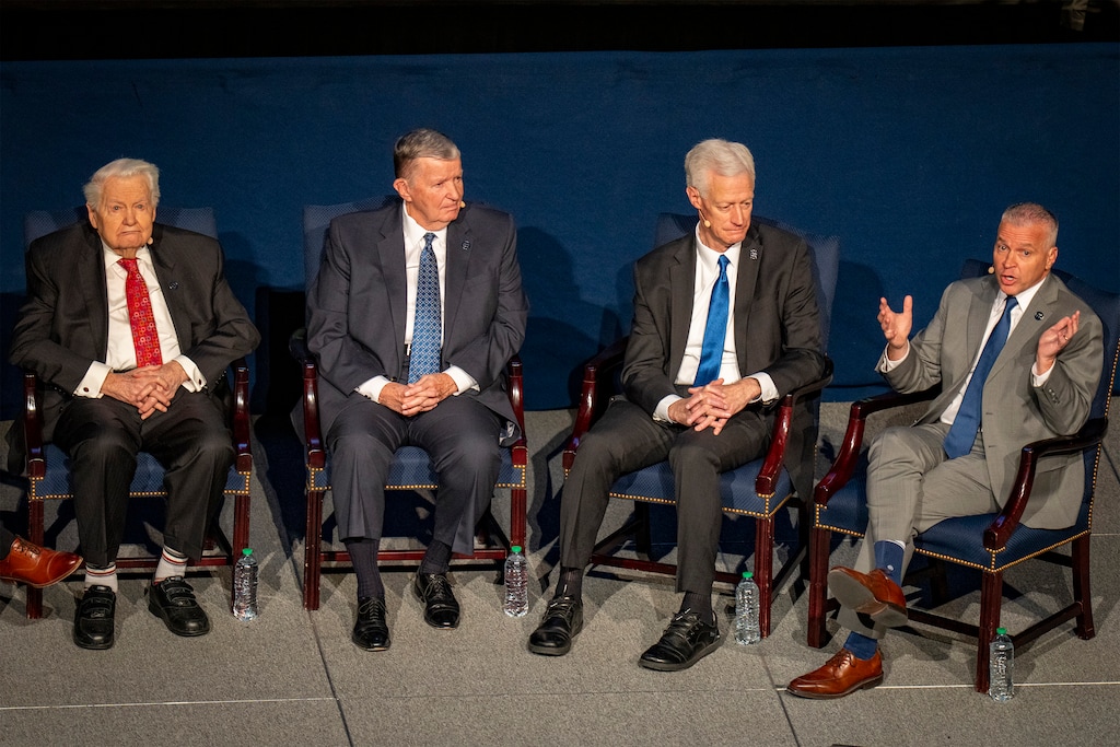 (Rick Egan | The Salt Lake Tribune) Past and current BYU Presidents Merrill J. Bateman, left, Cecil O. Samuelson and Kevin J Worthen listen to Shane Reese speak at during a devotional at the Marriott Center in Provo on Tuesday, Nov. 18, 2025.

