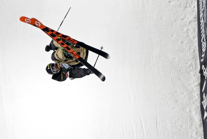 Skier Mcrae Williams, of the USA, jumps during the Big Air at Fenway skiing and snowboarding U.S. Grand Prix tour event at Fenway Park, Friday, Feb. 12, 2016, in Boston. (AP Photo/Elise Amendola)