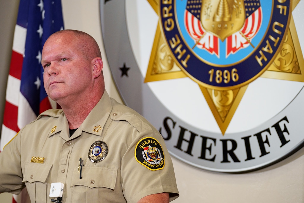 (Trent Nelson  |  The Salt Lake Tribune) Washington County Sheriff Nate Brooksby describes the surrender of Tyler Robinson at a news conference in Hurricane on Wednesday, Sept. 17, 2025.