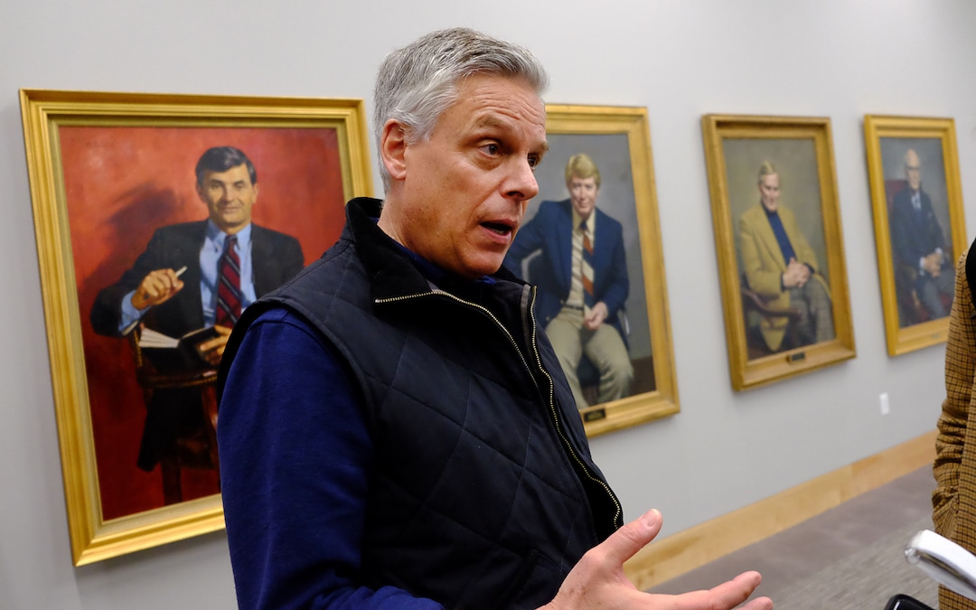 (Francisco Kjolseth  |  The Salt Lake Tribune)  Former Utah Governor and Ambassador Jon Huntsman answers reporters questions following a conversation at the Hinckley Institute of Politics on the University of Utah campus on Thursday, Dec. 5, 2019, to discuss his long career in public service spanning from Utah’s Governor’s Mansion to Chinese and Russian ambassadorships and examine the increasing significance Utah plays in our globalized world.