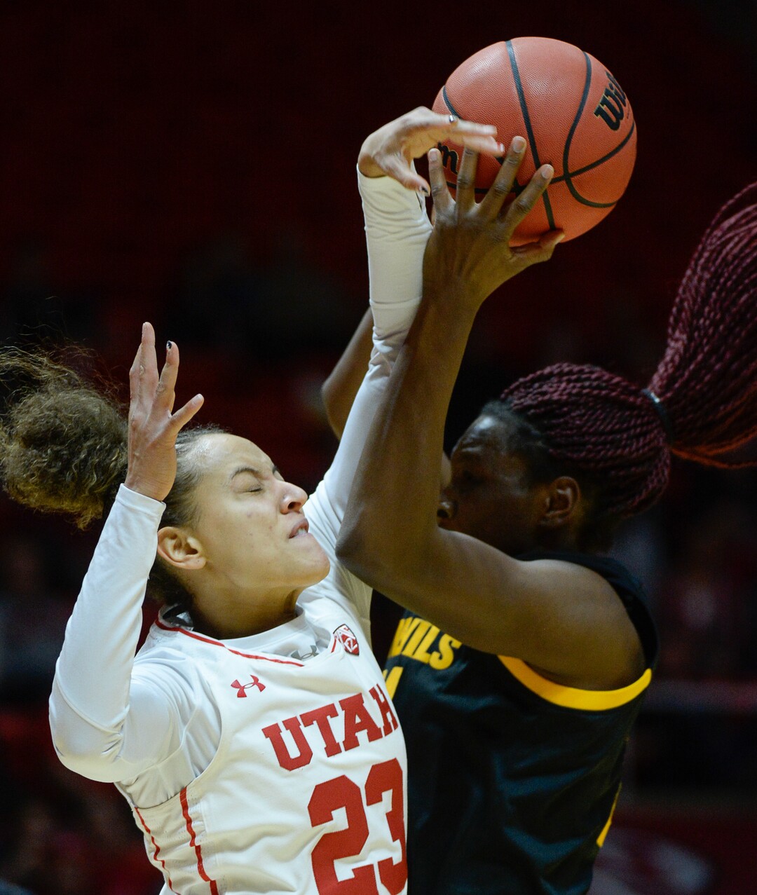 (Francisco Kjolseth  |  The Salt Lake Tribune)  Utah Utes guard/forward Daneesha Provo (23) battlesArizona State Sun Devils forward Sophia Elenga (21)  in Utes' Pac-12 home opener at the Jon M Huntsman Center on Friday, Jan. 4, 2019. They're off to one of their best starts in team history.