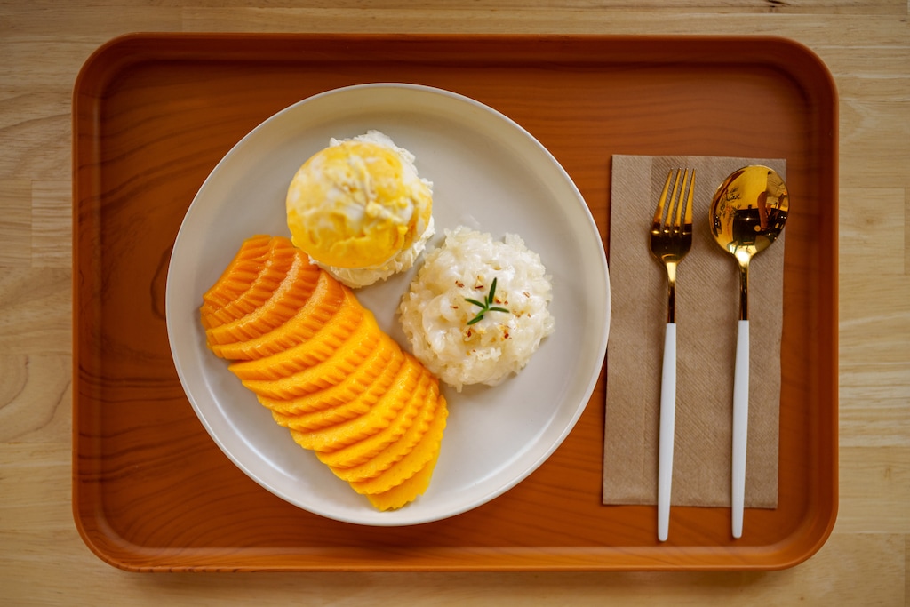 (Trent Nelson  |  The Salt Lake Tribune) Mango sticky rice plate with mango sticky rice cream at Wanyen, an Asian ice cream shop that opened recently across the street from Pioneer Park in Salt Lake City on Thursday, Aug. 28, 2025.