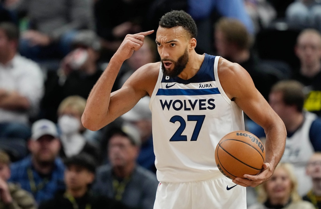 (Francisco Kjolseth | The Salt Lake Tribune) Minnesota Timberwolves center Rudy Gobert (27) motions to his teammates as the Utah Jazz take on Minnesota Timberwolves in NBA basketball at Vivint Arena in Salt Lake City on Friday, Dec. 9, 2022.