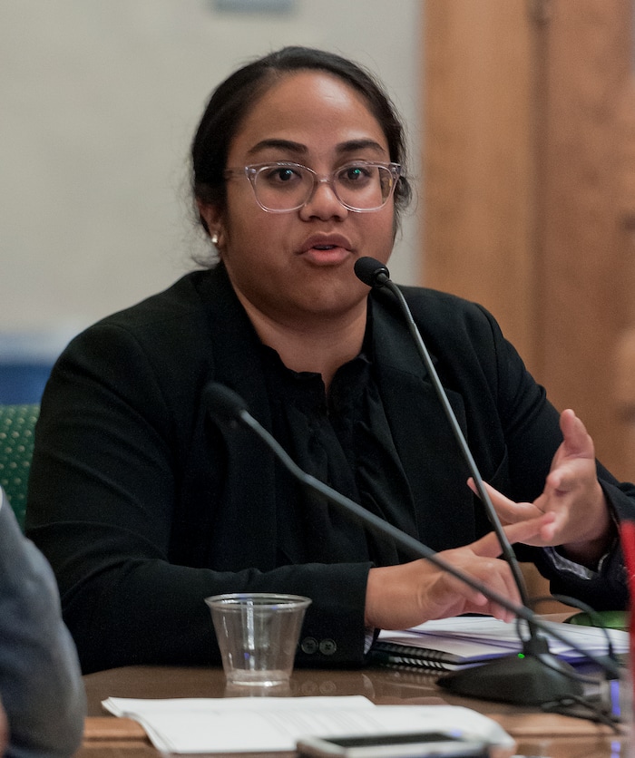 (Michael Mangum  |  Special to the Tribune)  Moana Uluave-Hafoka, newly appointed Policy Advisor and Outreach for the Office of Diversity & Human Rights, speaks during a meeting of the Salt Lake City Human Rights Commission at City Hall in Salt Lake City on Thursday, November 30, 2017.