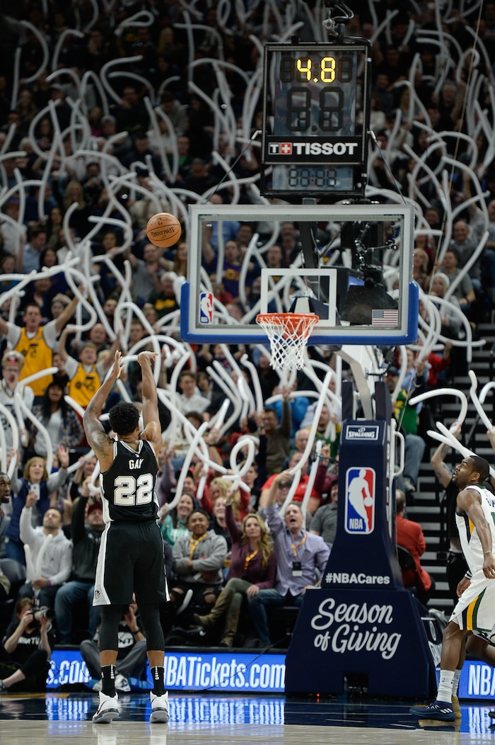 (Francisco Kjolseth  |  The Salt Lake Tribune)  San Antonio Spurs forward Rudy Gay (22) faces the Jazz fans during the first quarter of an NBA basketball game in Salt Lake City, Thursday, Dec. 21, 2017.