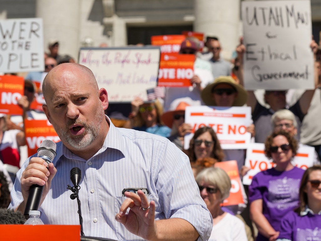 (Chris Samuels | The Salt Lake Tribune) Sen. Daniel Thatcher, R-West Valley City, makes remarks at a rally against a proposed constitutional amendment to reform the citizen initiative process at the Capitol in Salt Lake City, Monday, Aug. 26, 2024.