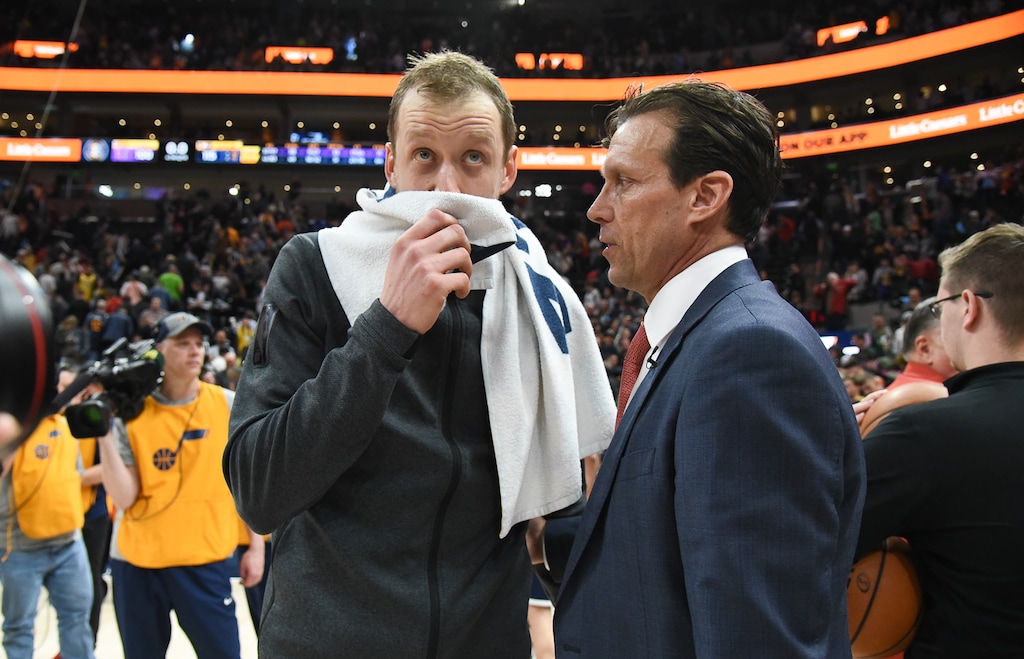 (Francisco Kjolseth | The Salt Lake Tribune) Utah Jazz forward Joe Ingles (2) speaks with Utah Jazz head coach Quin Snyder following their win over the Los Angeles Lakers in their NBA game at Vivint Smart Home Arena Wed., March 27, 2019, in Salt Lake City.