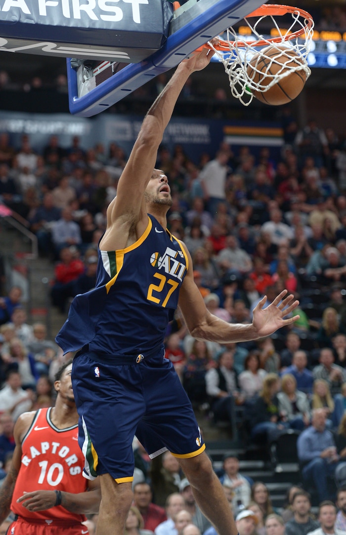(Leah Hogsten  |  The Salt Lake Tribune) Utah Jazz center Rudy Gobert (27) had 12 points in the first half.  The Utah Jazz lead the Toronto Raptors 54-53 at Vivint Smart Home Arena, Friday, November 3, 2017