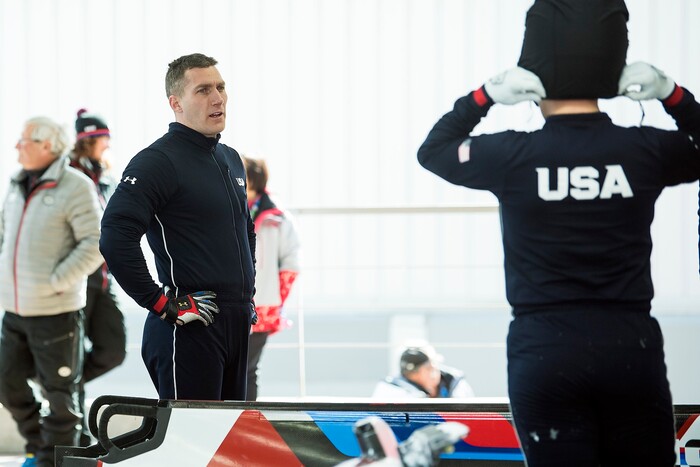 (Chris Detrick  |  The Salt Lake Tribune)  USA's Chris Fogt, left, talks with Justin Olsen after the 4-man Official Training at Olympic Sliding Centre during the Pyeongchang 2018 Winter Olympics Wednesday, Feb. 21, 2018. 