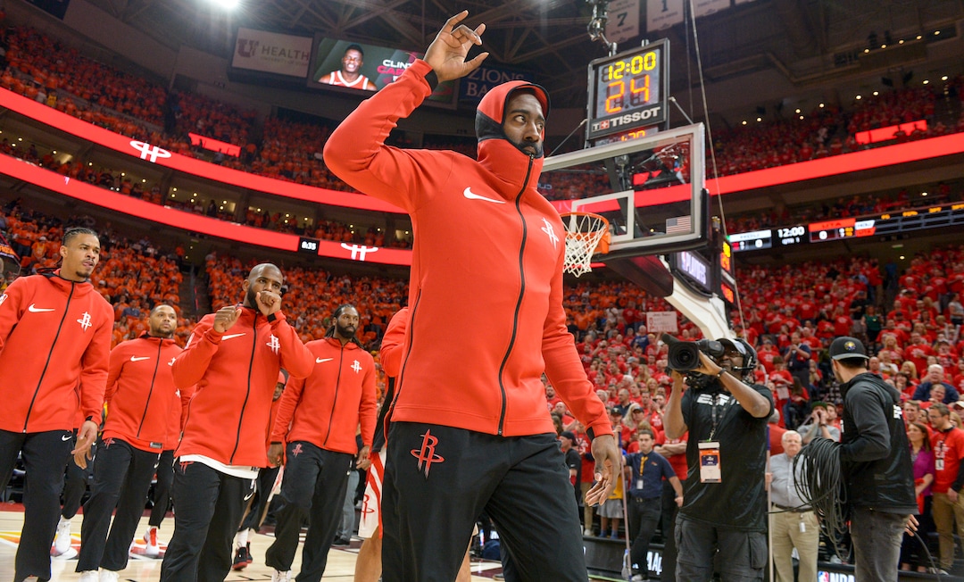 (Leah Hogsten  |  The Salt Lake Tribune)  The Rockets take the court as the Utah Jazz take on the Houston Rockets in Game 3 of an NBA basketball second-round playoff series Friday, May 4, 2018 in Salt Lake City.