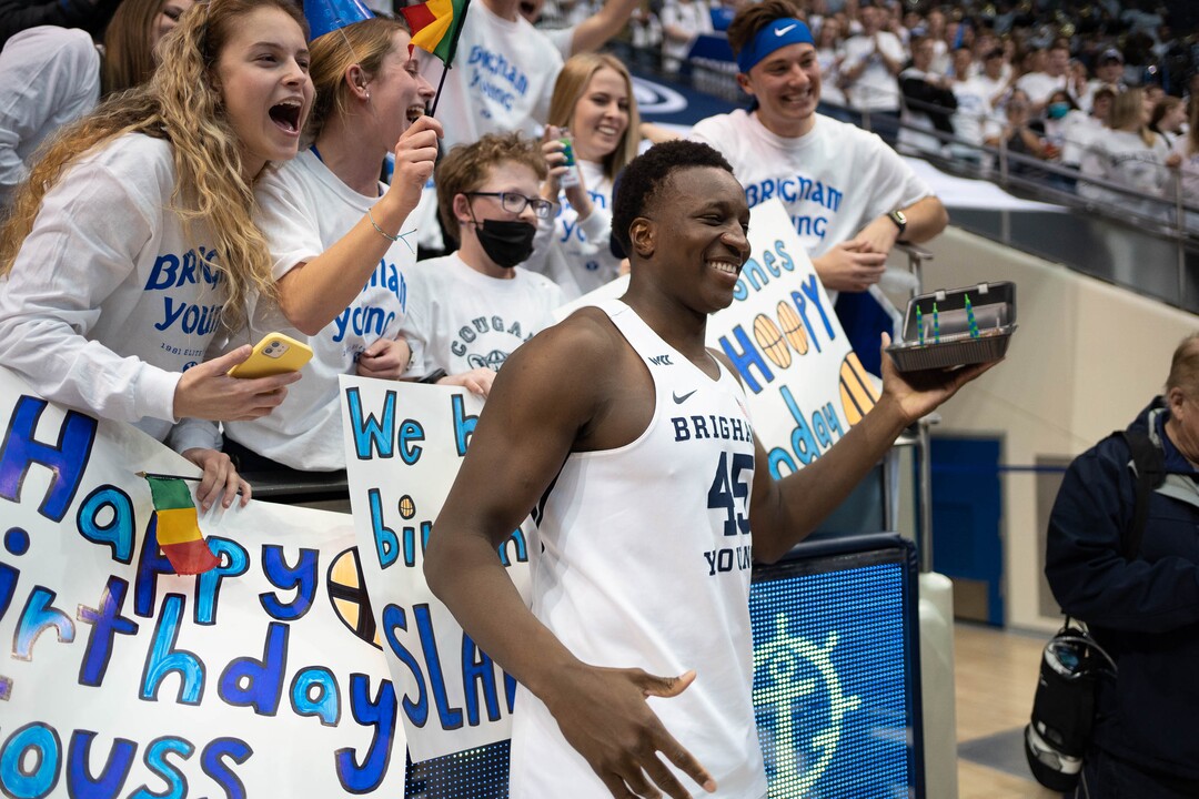 (Francisco Kjolseth | The Salt Lake Tribune) The student section celebrates the birthday of Brigham Young Cougars forward Fousseyni Traore (45) following their game against the Portland Pilots, at the Marriott Center, on Saturday, January 22, 2022.