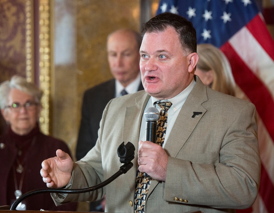 (Rick Egan  |  The Salt Lake Tribune)   In this 2018 file photo, Clark Aposhian, chairman of the board of the Utah Shooting Sports Council speaks at a news conference about the newly formed Utah School Safety Commission. Aposhian filed a lawsuit on Wednesday, Jan. 16, 2019, in the United States District Court alleging that the ban on bump stocks announced last month by the Trump administration is unconstitutional.
