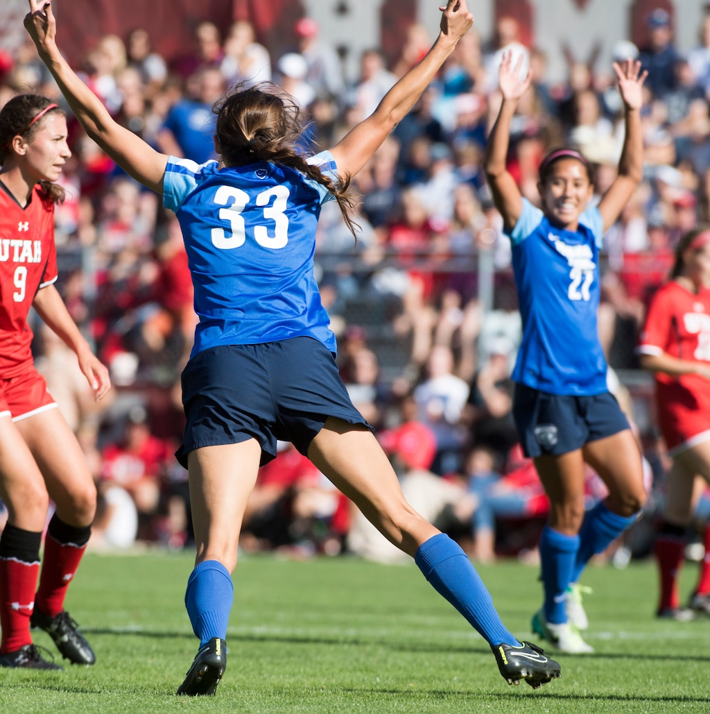 Rick Egan  |  The Salt Lake TribuneAshley Hatch (33) BYU, celebrates her goal, along with Madie Siddoway (21), BYU, in soccer action, BYU vs. Utah, at the Ute soccer field, Monday, September 5, 2016.