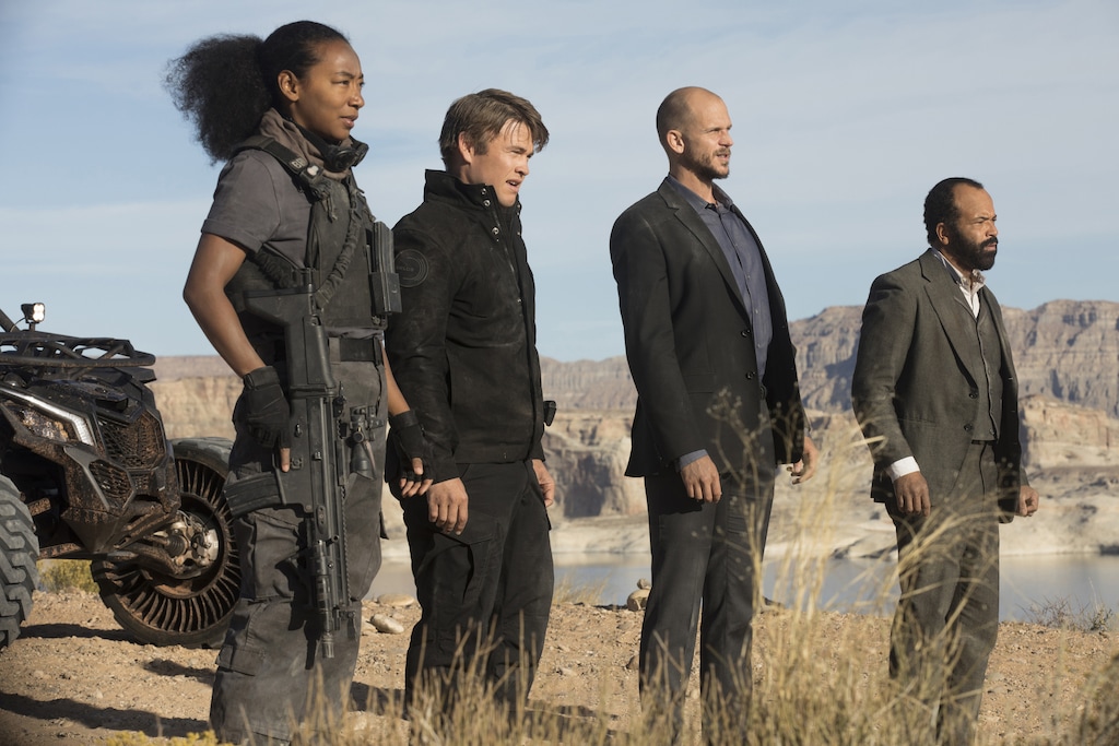 (Photo: John P. Johnson/HBO) Betty Gabriel as Maling, Luke Hemsworth as Stubbs, Gustaf Skarsgard as Karl Strand, Jeffrey Wright as Bernard — with Lake Powell in the background — in Season 2 of “Westworld.”