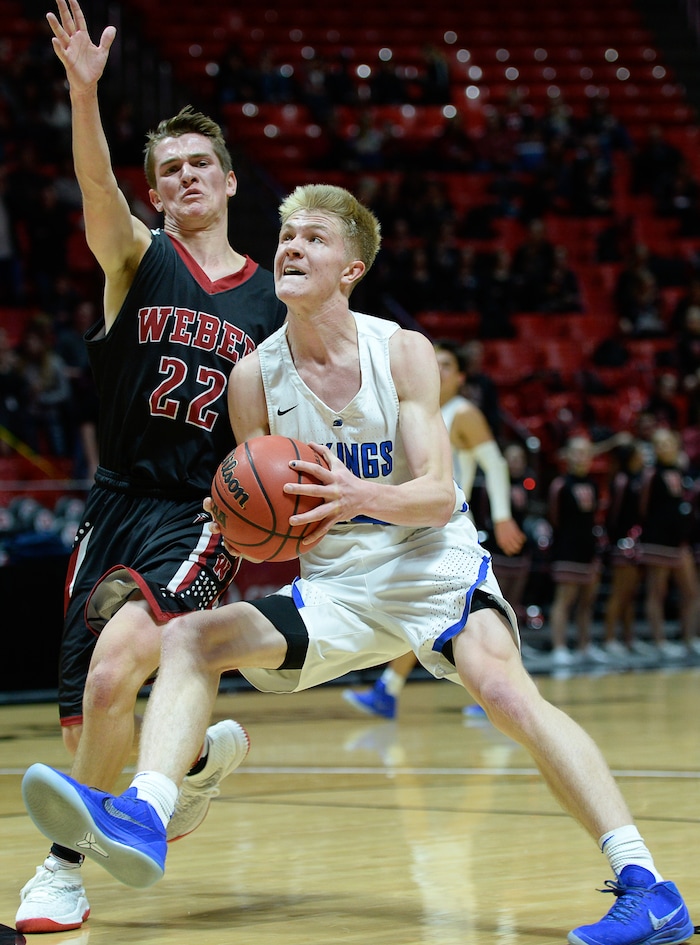 (Francisco Kjolseth  |  The Salt Lake Tribune)  Weber vs Pleasant Grove, 6A State high school basketball tournament at the Huntsman Center in Salt Lake City, Thursday March 1, 2018. Weber's Brandon Carpenter (22) pressures Pleasant Grove's Kael Mikkelsen (24). 