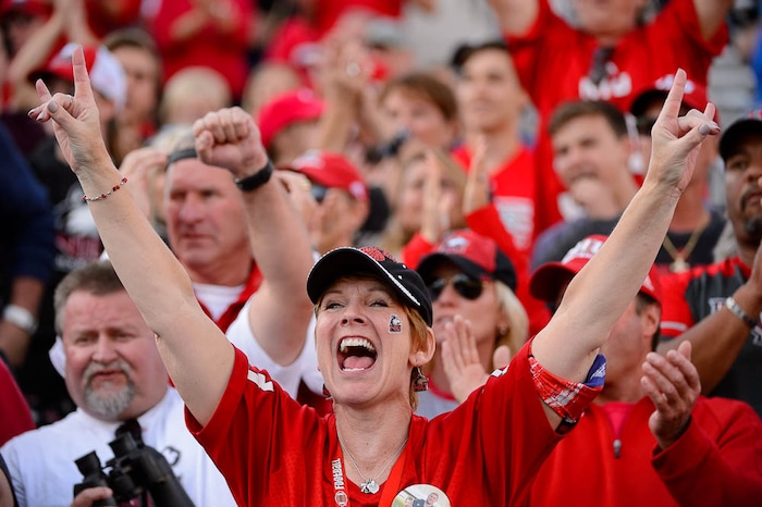 (Trent Nelson | The Salt Lake Tribune)  
Northern Illinois fans cheer in the fourth quarter as BYU hosts Northern Illinois, NCAA football in Provo, Saturday Oct. 27, 2018.