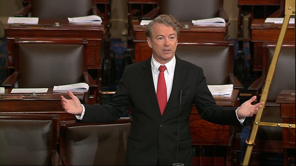 (Senate TV via AP) In this image from video from Senate Television, Sen. Rand Paul, R-Ky., speaks on the floor of the Senate Thursday, Feb. 8, 2018, on Capitol Hill in Washington.