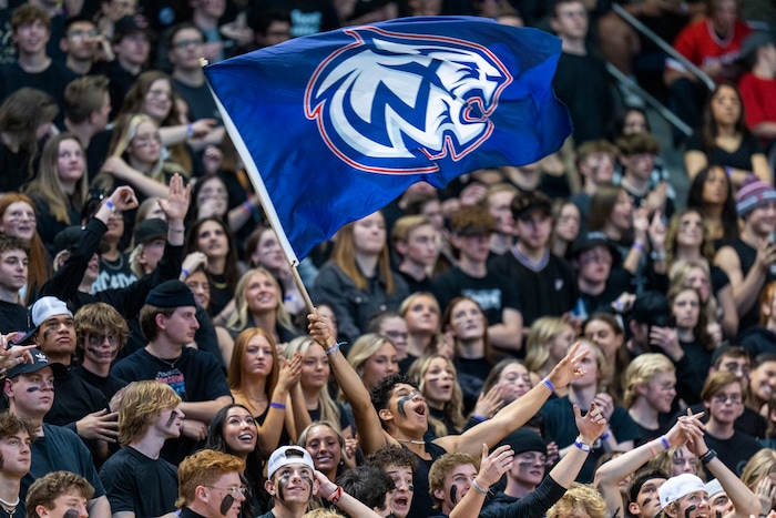 (Rick Egan | The Salt Lake Tribune) 
Woods Cross celebrates as the Wildcats take an early lead in the 5A State Championship game between Woods Cross and Olympus, at the Marriott Center in Provo, on Saturday, March 5, 2022. 