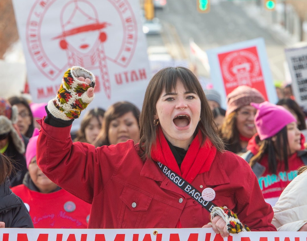 (Rick Egan  |  The Salt Lake Tribune)     Camryn Fife, chants as she marches up State Street from Washington Square Park to the Capitol Building, in the 2020 Womxn's March in Salt Lake City, Saturday, Jan. 18, 2020.
