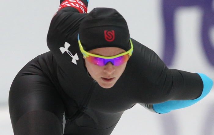 Second placed Brittany Bowe of the U.S skates in the ladies' 1000-meter Division A event at the World Cup speed skating stage in Astana, Kazakhstan, Sunday, Dec.1, 2013. (AP Photo/Alexei Filippov)