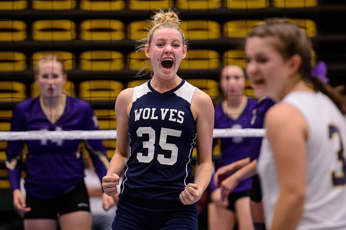 (Trent Nelson | The Salt Lake Tribune) Enterprise's Ellie Shurtliff celebrates a point as Enterprise faces North Summit in the 2A State Volleyball Championship game in Orem, Saturday October 28, 2017.