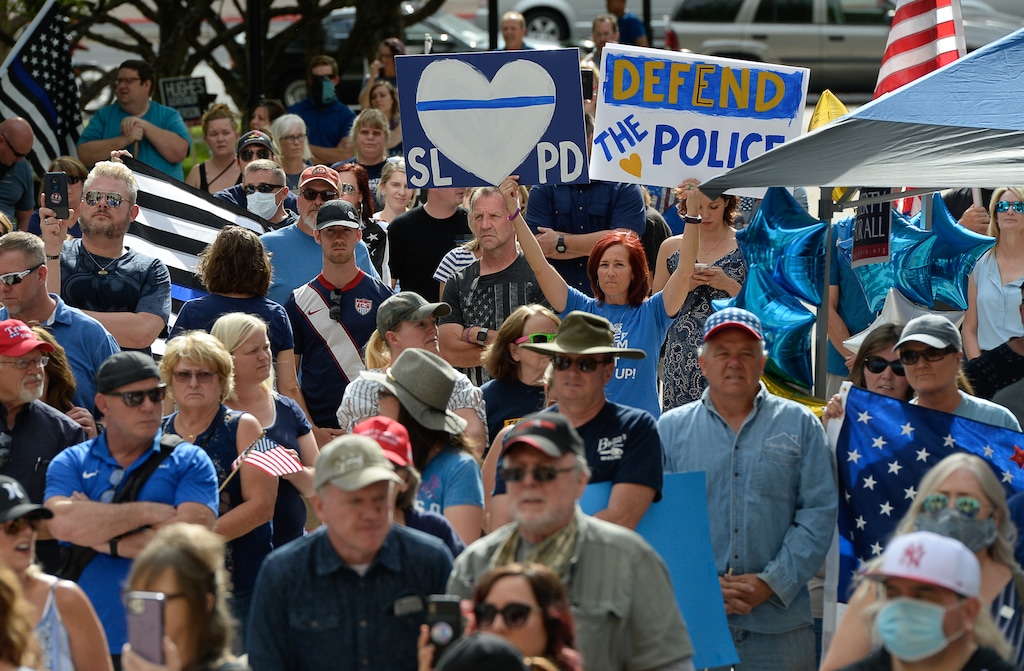 (Francisco Kjolseth | The Salt Lake Tribune) Supporters of law enforcement gathered at City Hall in Salt Lake City for a rally in support of police hosted by the Utah Business Revival on Saturday, June 20, 2020. A woman was recently charged in Utah with an anti-police hate crime.