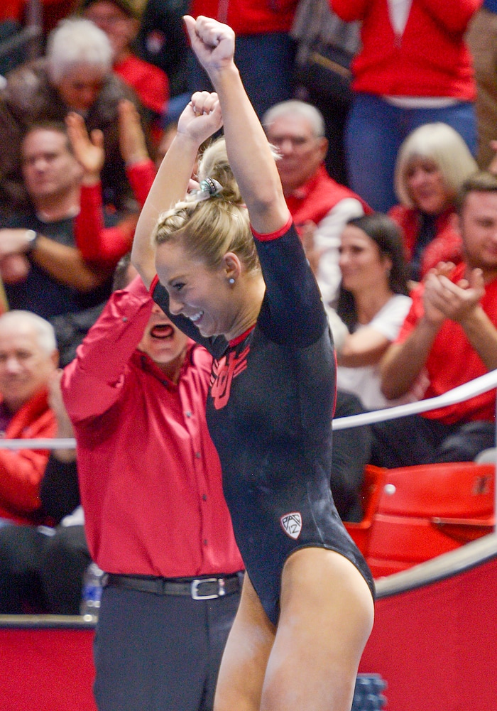 (Leah Hogsten  |  The Salt Lake Tribune) MyKayla Skinner performs her floor routine as Utah hosts Arizona State in Women's Gymnastics at Jon M. Huntsman Center, Friday, February 9, 2018. 