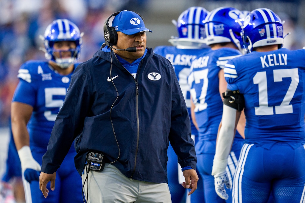 (Trent Nelson  |  The Salt Lake Tribune) BYU Cougars head coach Kalani Sitake as BYU hosts Utah, NCAA football at LaVell Edwards Stadium in Provo on Saturday, Oct. 18, 2025.