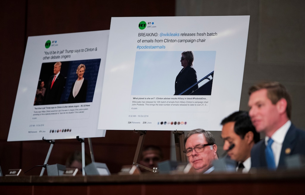 Rep. Eric Swalwell, D-Calif., right, with Reps. Joaquin Castro, D-Texas, center, and Denny Heck, D-Wash., questions Facebook's General Counsel Colin Stretch, Twitter's Acting General Counsel Sean Edgett, and Google's Senior Vice President and General Counsel Kent Walker, about the Russian ads during a House Intelligence Committee task force hearing on Capitol Hill in Washington, Wednesday, Nov. 1, 2017. (AP Photo/Manuel Balce Ceneta)