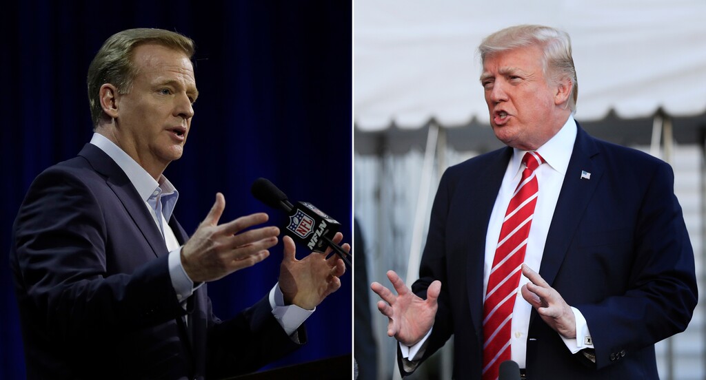 At left, in a Feb. 1, 2017, file photo, NFL Commissioner Roger Goodell answers questions during a news conference for the Super Bowl 51 football game, in Houston. At right, in an Oct. 7, 2017, file photo, President Donald Trump speaks to reporters at the White House in Washington. (AP Photo/File)