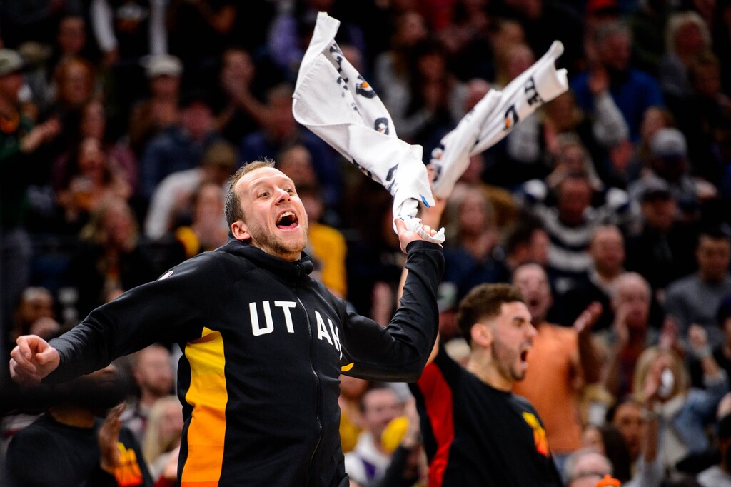 (Trent Nelson  |  The Salt Lake Tribune) Utah Jazz forward Joe Ingles (2) celebrates after a dunk by Rayjon Tucker as the Utah Jazz host the Charlotte Hornets, NBA basketball in Salt Lake City on Friday, Jan. 10, 2020.