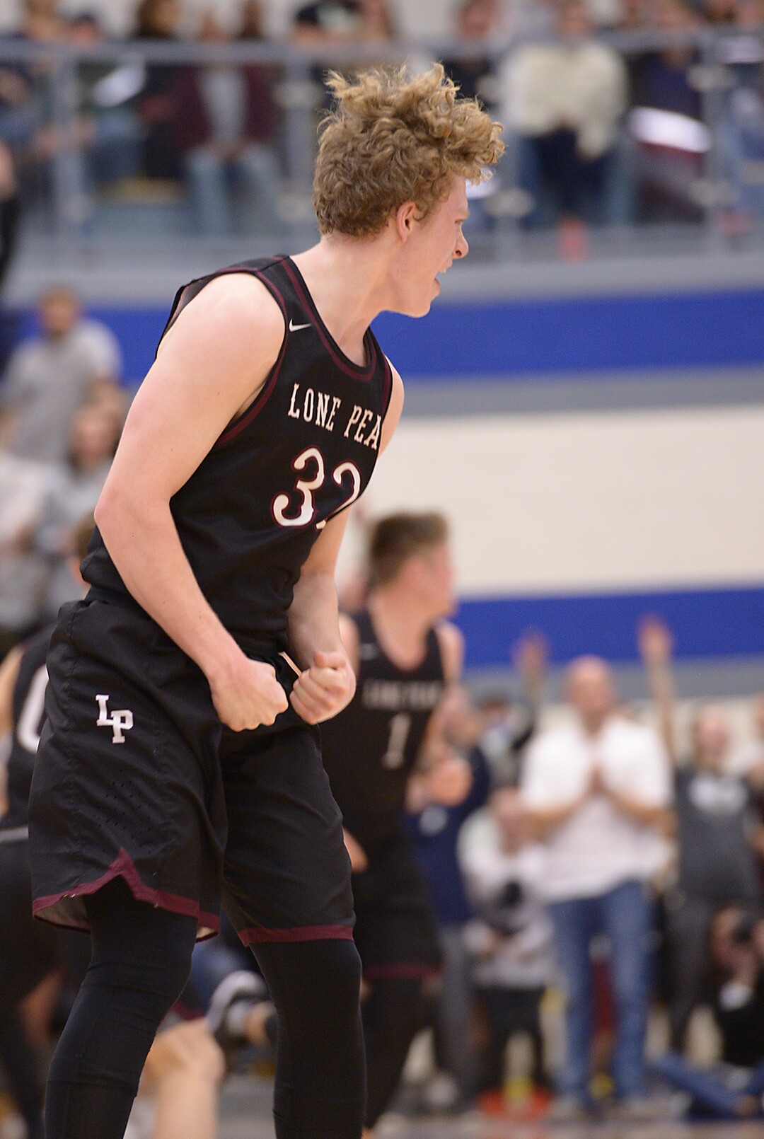 (Leah Hogsten  |  The Salt Lake Tribune) Lone Peak's  Taylor Madsen celebrates back-to-back 3-pointers. Lone Peak High School boys' basketball team defeated Pleasant Grove High School 65-61 during their game Friday, January 26, 2018 in Pleasant Grove. 