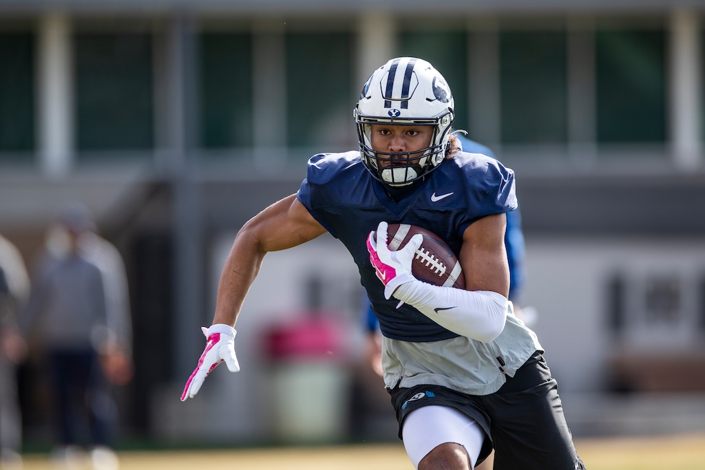 (Tyler Richardson | BYU) Wide reciever Keanu Hill participates in BYU spring football practice, Thursday, March 18, 2021.