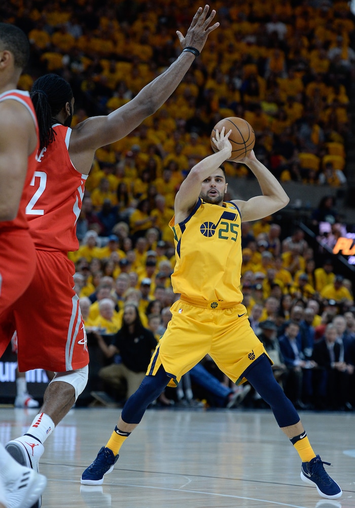 (Francisco Kjolseth | The Salt Lake Tribune) Utah Jazz guard Raul Neto (25) looks for an open teammate against the Houston Rockets in Game 4 of the NBA playoffs at the Vivint Smart Home Arena Sunday, May 6, 2018 in Salt Lake City.