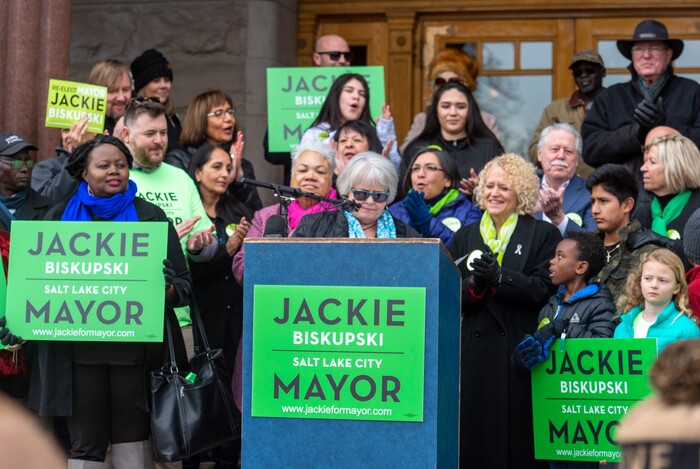 (Rick Egan  |  The Salt Lake Tribune)     Supporters gather on the east steps of the City Building, as Carol Gnade gives her support for Salt Lake City Mayor Jackie Biskupski as she launches her re-election campaign as she seeks a second term.
 Saturday, Feb. 9, 2019.


